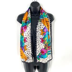 Hand‎ Dyed Silk Scarf Multicolor Cat Dog Print Rectangle Polka Dot 10.5"x51"
